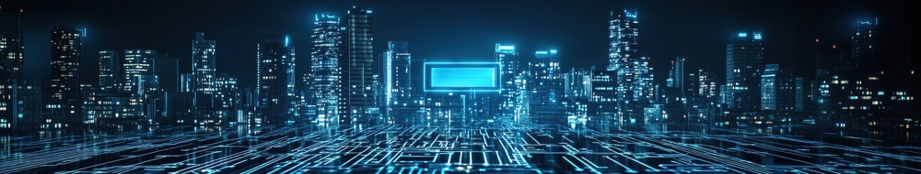 Futuristic Urban Landscape with Digital Circuit Networks: Next-Generation Mobile Internet Concept. Skyline of Modern City Integrated with Complex Wireless Communication Technology. Abstract Representa
