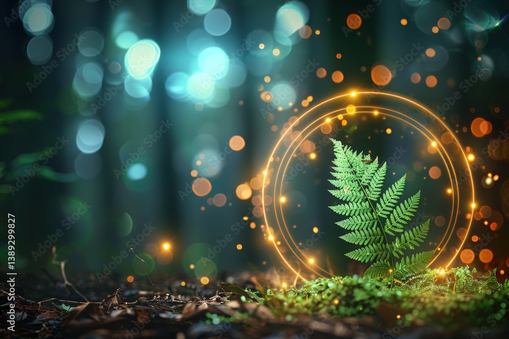 Poster luminous fern surrounded by enchanting bokeh lights.
