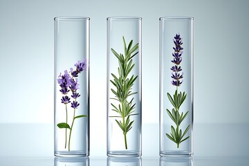 Elegant collection of fresh lavender and rosemary displayed in clear test tubes for natural beauty : Generative AI