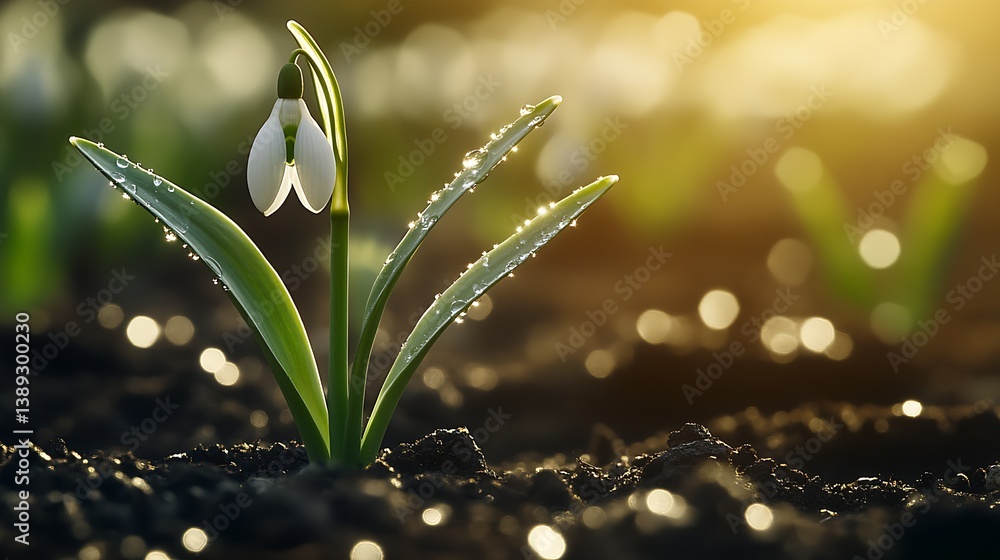 Poster radiant snowdrop flower emerging from dark soil with glimmering dewdrops in sunlight : generative ai