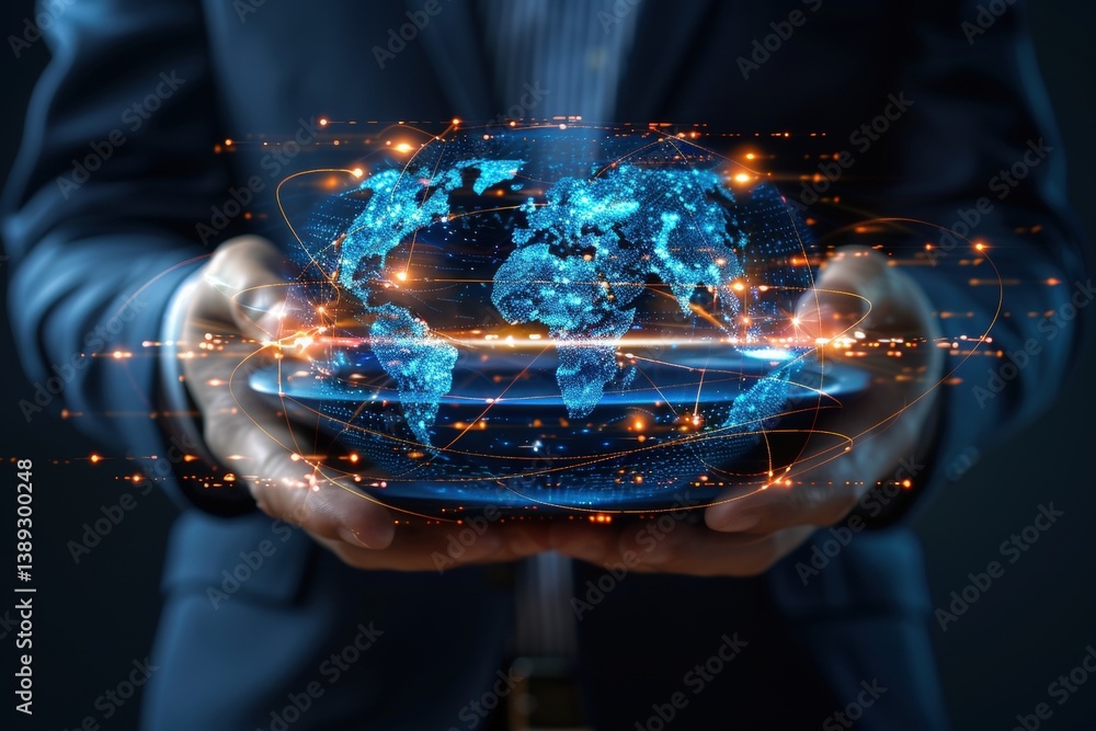 Poster holding a digital globe with glowing connections and data points.