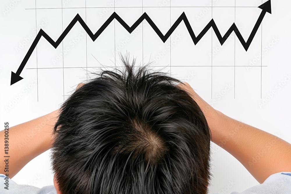Poster person analyzing a fluctuating graph with concern.