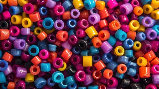 A pile of colorful plastic beads are scattered randomly in the frame. Use to illustrate crafts, art, kids' activities, or background images.