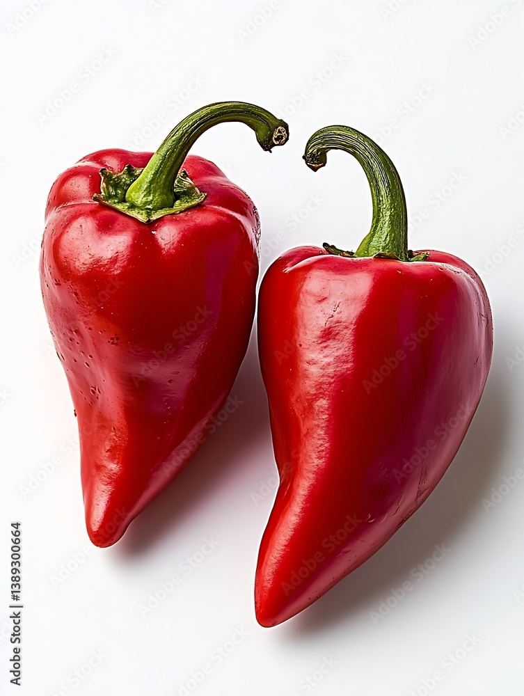 Poster glorious pair of shiny red chili peppers elegantly positioned against a clean white surface emphasiz