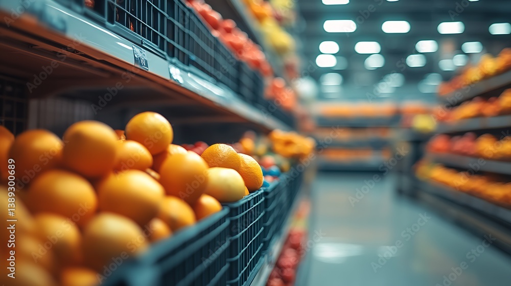 Poster Colorful Array of Oranges Showcased Skillfully in Grocery Store Aisle for Customers : Generative AI