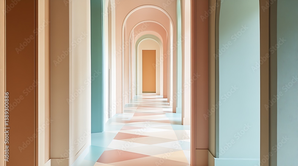 Aufkleber elegant and bright corridor with delicate pastel colors highlighting arches and modern design featur