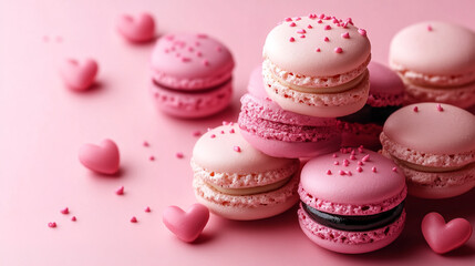 Fototapeta premium Pink Macarons and Heart Decorations against a Soft Pink Background