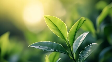 Fototapeta premium Vibrant Green Leaves of Tea Illuminated by Gentle Sunlight for Refreshing Vibe : Generative AI