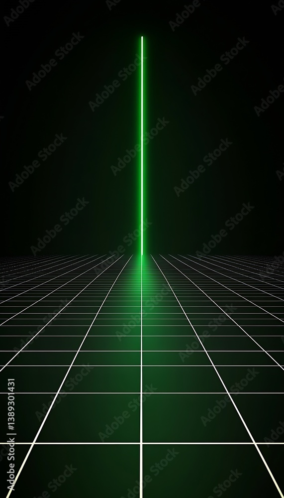 Aufkleber A mesmerizing green vertical light striking upwards from a checkered ground in a pitch-dark setting emphasizing digital art : Generative AI