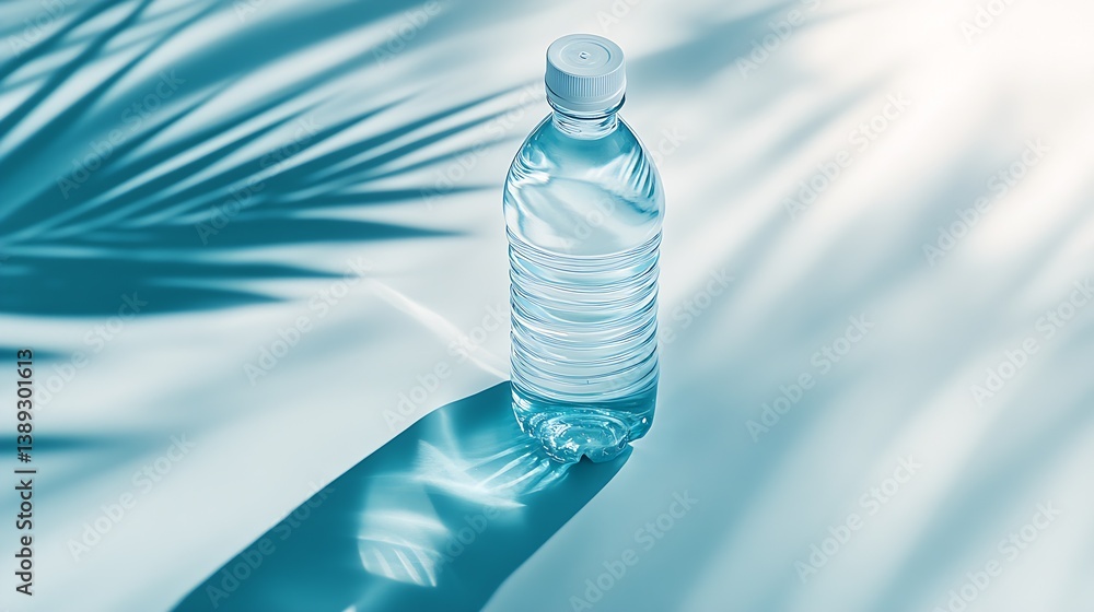 Poster another view of a refreshing water bottle against a light blue backdrop with lovely palm leaf shadow