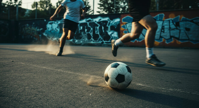 Close-up of intense football play on urban court, highlighting speed, power and dust with low sunlight and motion blur in gritty city environment.