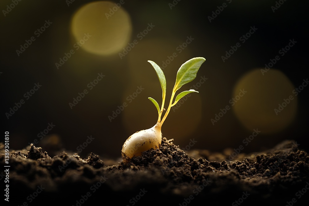 Aufkleber vivid image of a young plant sprout with two leaves breaking through moist soil against a soft glowi