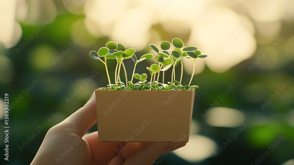 Aufkleber hand holding tiny green seedlings with soft focus natural background : generative ai