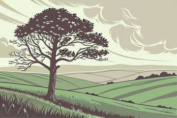 117 Lone tree, vast green field, rolling hills, dramatic cloudy sky, moody atmosphere, soft pastel colors, minimalist landscape, ethereal lighting, serene countryside, expansive horizon, solitary natu