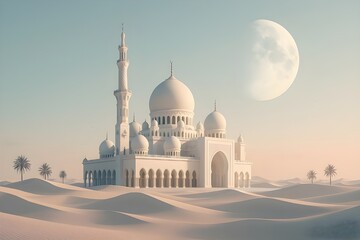 Majestic White Mosque in Desert Landscape Under Full Moon