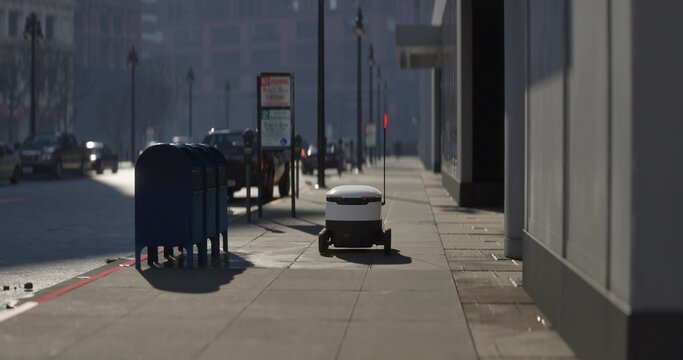 Autonomous delivery robot moves swiftly through a busy city sidewalk, navigating urban infrastructure with smart technology in a modern logistics environment