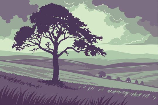 117 Lone tree, vast green field, rolling hills, dramatic cloudy sky, moody atmosphere, soft pastel colors, minimalist landscape, ethereal lighting, serene countryside, expansive horizon, solitary natu