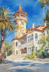 Obraz premium A watercolor painting depicts a classical building with a tower