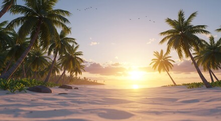 Obraz premium 穏やかな夕陽輝く砂浜 ヤシの木影美しい風景