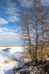the lake covered with ice and snow in winter, the winter frozen lake after night frosts, blue sky
