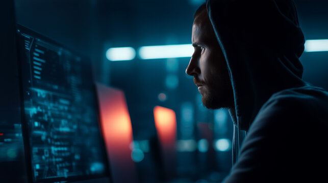 Focused young man in hoodie working intently at a computer in a dark, high-tech environment, illuminated by screen glow and neon lights, evoking cybersecurity or hacking themes.