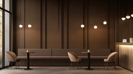 Modern brown cafe interior design, warm lighting, comfortable seating. Possible use Stock photo for interior design