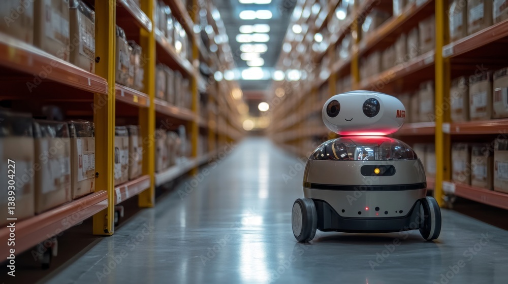 Poster A delivery robot is actively moving along a corridor in a warehouse filled with shelves of packages. The advanced technology highlights the future of transportation and logistics.