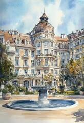 A Watercolor Painting Depicting a Building with a Fountain Outdoors