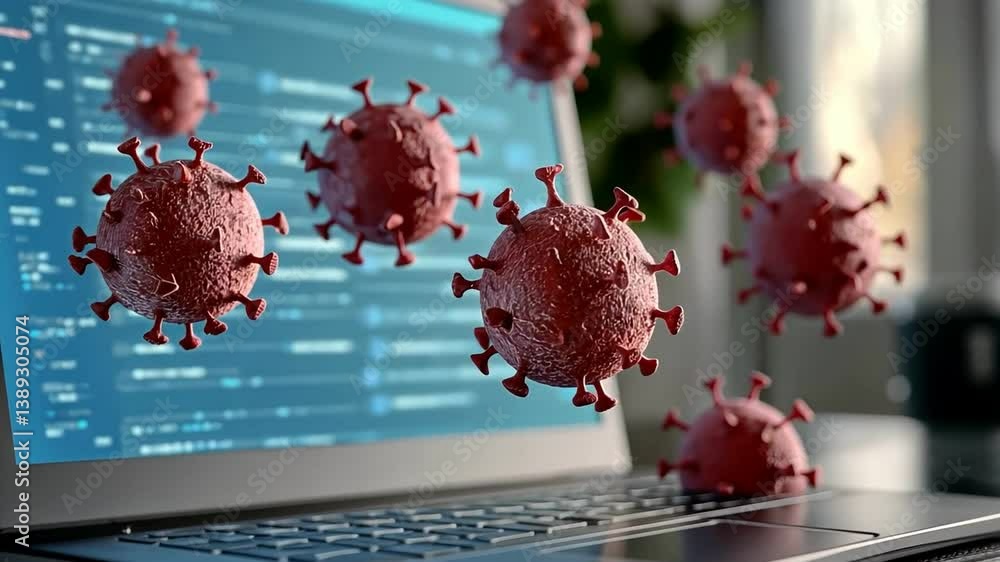 Poster digital representation of laptop and computer viruses highlighting cybersecurity threats and impact 