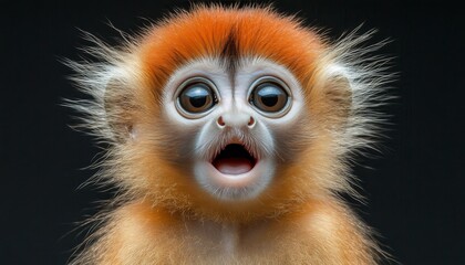 Fototapeta premium Surprised baby Monkey with Orange Fur and Wide Open Eyes, Isolated on Black Background.
