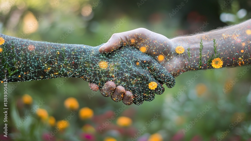 Poster digital handshake symbolizing business collaboration and connection