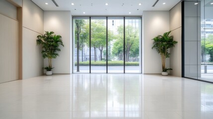 Fototapeta premium Modern, bright office space with large windows showcasing a city view