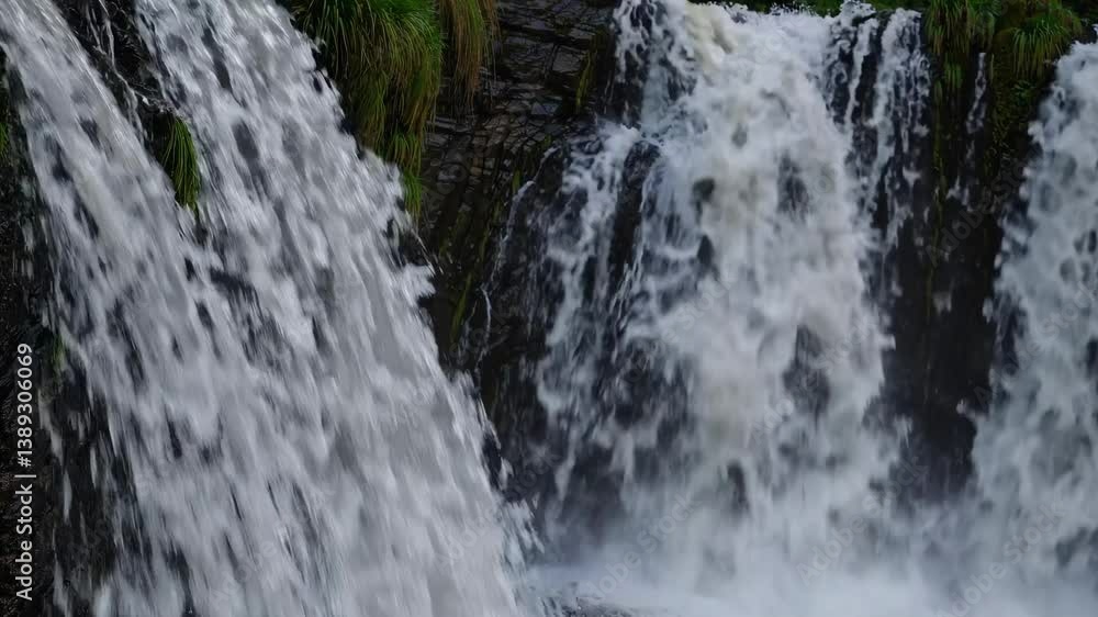 Aufkleber close-up video of cascading waterfalls, captured from a low angle, emphasizing the dynamic flow and 
