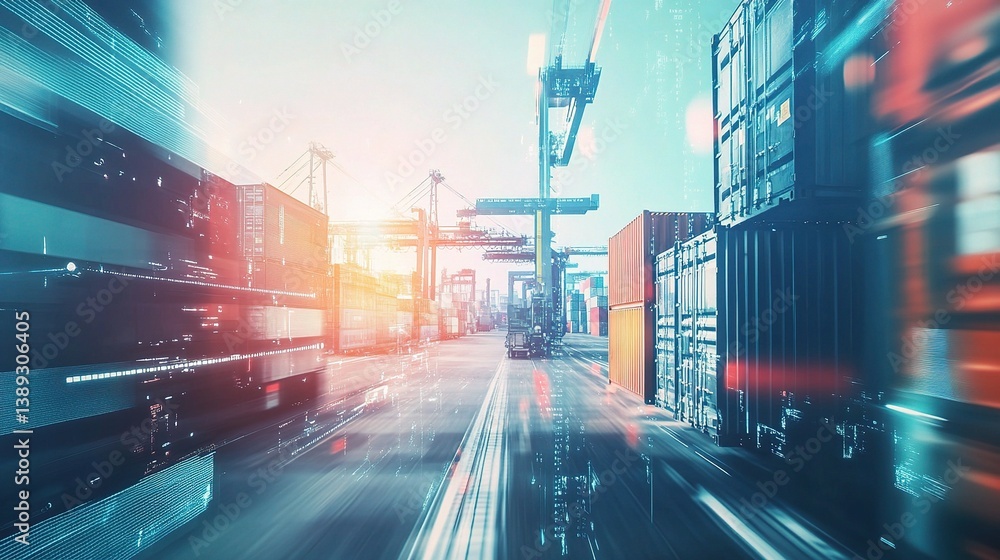 Poster hyper efficient robot in double exposure concept of modern logistics