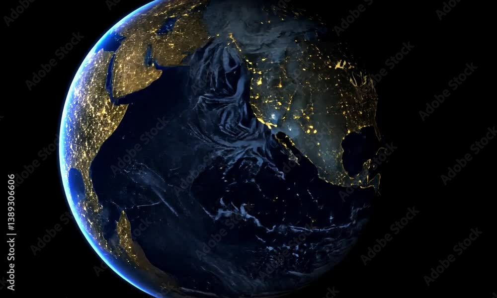 Poster a dynamic rotating view of earth from space with city lights illuminating the dark side and sun rays