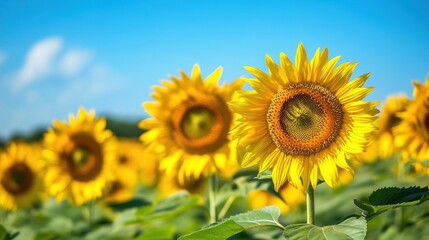 Sunflowers in a field against a clear blue sky