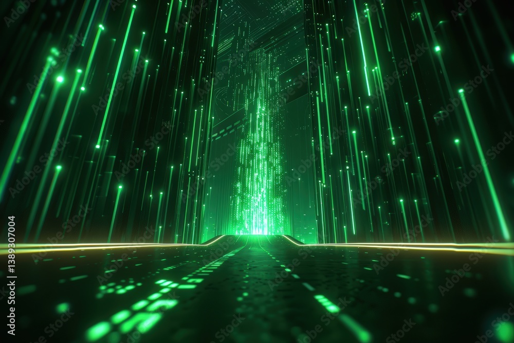 Poster futuristic digital corridor with green glowing lines and patterns.