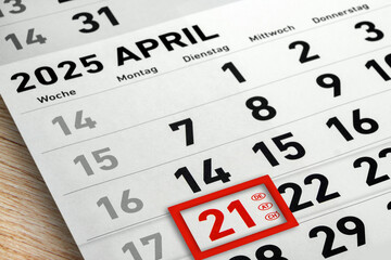 Deutscher Kalender Ostern  21. April  2025  Ostermontag