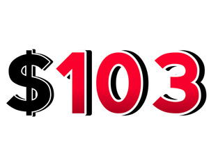 Bold red number $103 with a black dollar sign in a 3D style, featuring white and black outlines, creating a shadow effect on transparent background.