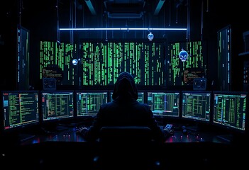 Hacker in a dark room surrounded by monitors displaying green code and hanging skull decorations