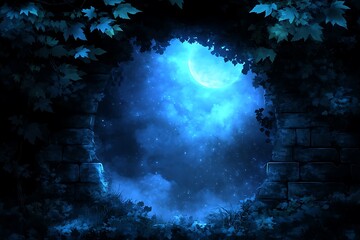 Fototapeta premium Enchanting moonlit vista through weathered stone archway, evoking mystery