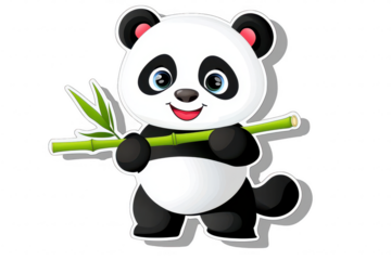 A Cute cartoon panda holding bamboo, showcasing playful and friendly expression. This adorable character is perfect for children illustrations, educational materials, or fun designs