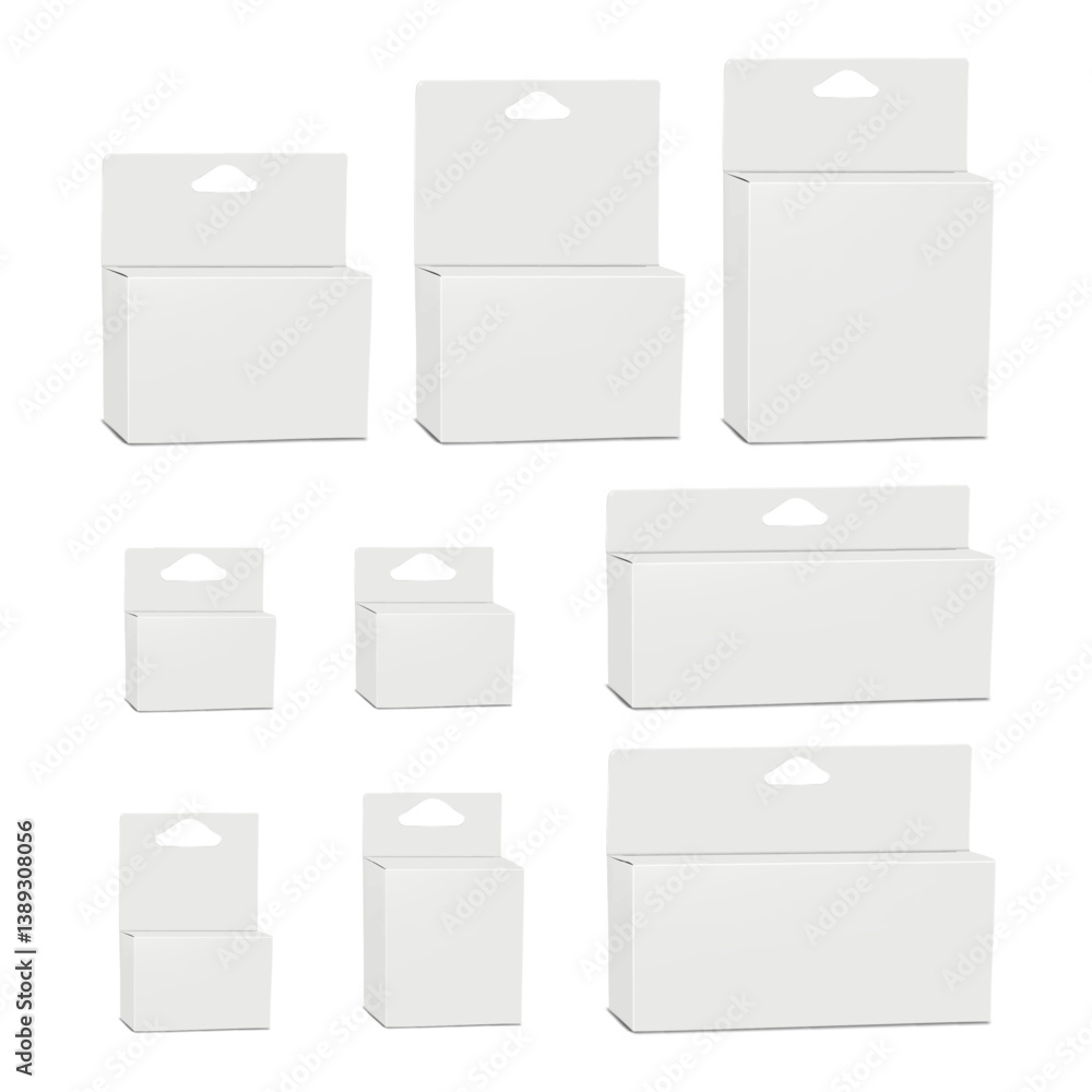 Wall mural folding paperboard box with tuck-in flap lid, triangle hole header tab hanger. realistic 3d vector m