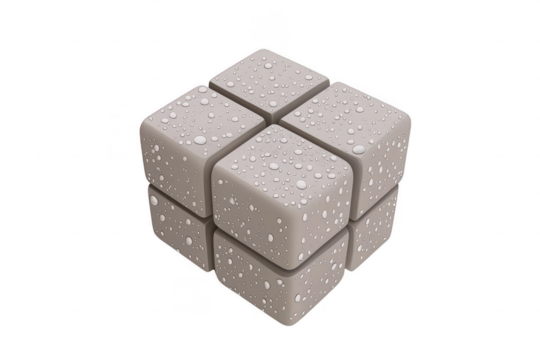 A 3D cube with smooth surface, featuring droplets of water on its exterior, reflecting light and creating glossy appearance. cube is arranged in way that highlights its geometric shape and texture
