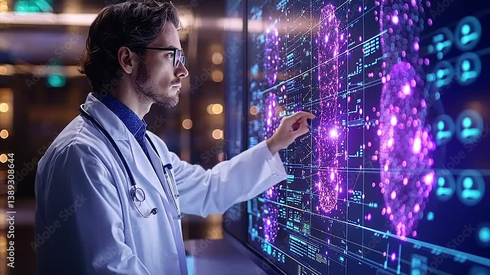 Aufkleber doctor interacts with a holographic medical interface displaying complex data visualizations