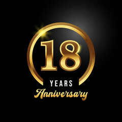 18 years anniversary celebration. Anniversary logo with ring and elegance golden color isolated on black background, Vector Design for Greeting Card and Invitation Card