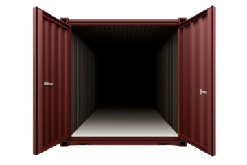 A red shipping container with open doors, showcasing empty interior space, ideal for storage or transport. container design emphasizes durability and functionality, making it versatile choice