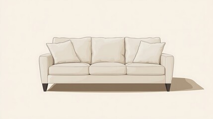 Fototapeta premium Beige sofa with three cushions and dark legs against a light background.