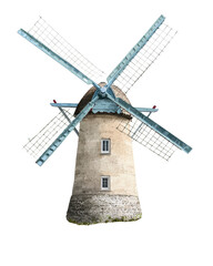 Historic Stone Windmill with Rotating Wooden Blades Rural Landscape Architectural Detail