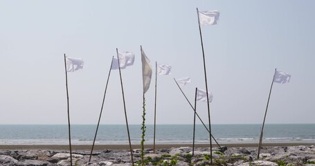 White beach flags indicating safe swimming conditions on a sunny day